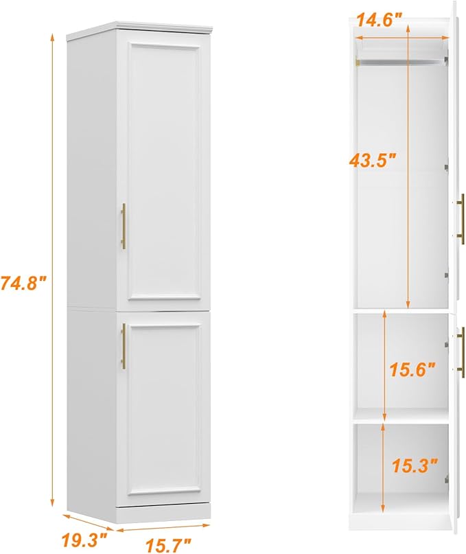 FUFU&GAGA Narrow Wardrobe Closet with 2 Doors, Modern White Bedroom Armoire with Gold Handles, Modern Clothes Storage Cabinet with Shelves, Hanging Rod, 15.7”W x 19.3”D x 74.8”H