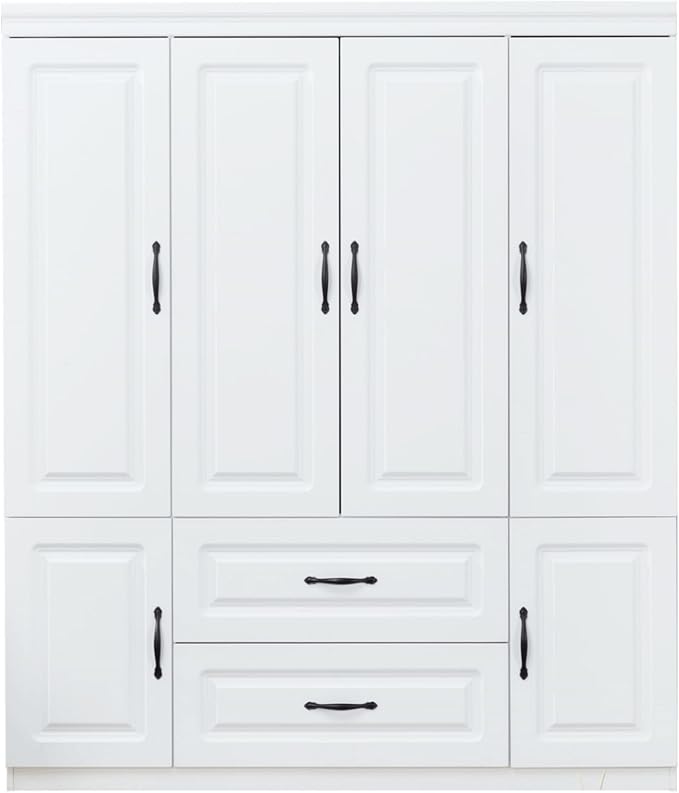 4 Doors Classic White Large Freestanding Wardrobe Armoire Wooden Closet Cabinet with Hanging Rod & Shelves Bedroom Clothes Storage Bathroom Wood Organizer(20.5" D x 63" W x 71.0" H)