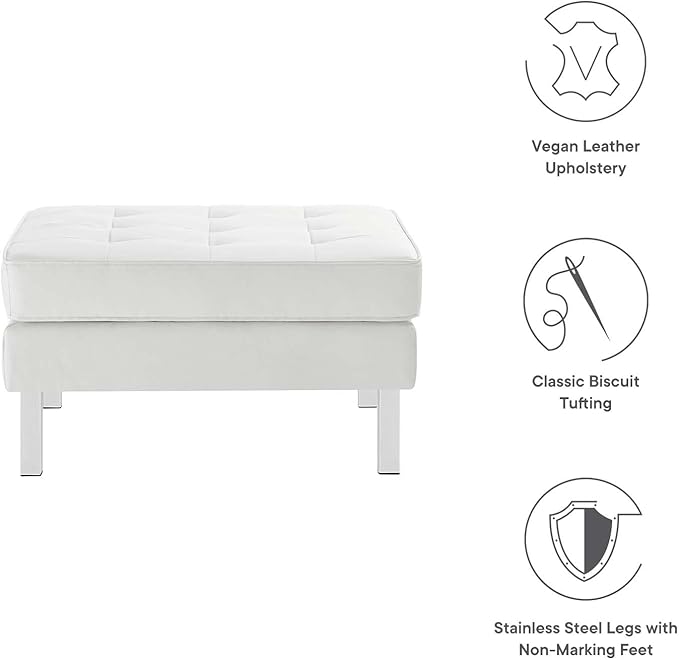 Modway Loft Tufted Button Faux Leather Upholstered Square Ottoman in Silver White