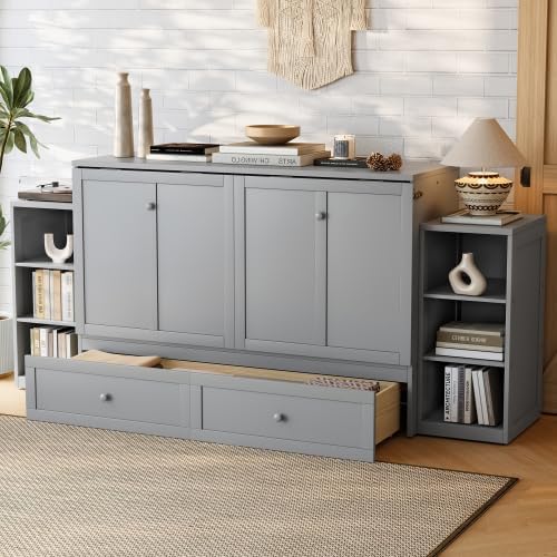 Bellemave Full Size Murphy Bed, Cabinet Bed with 2 Shelves and Storage Drawers, Farmhouse Murphy Cabinet, Noisy Free, for Guest Bedroom, Living Room, Office, Light Gray