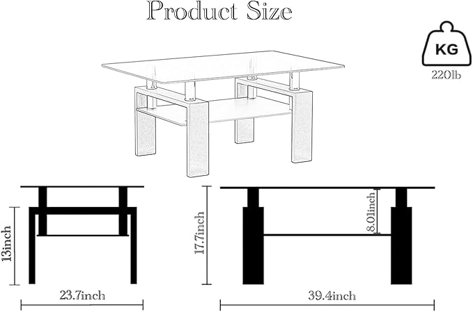 IANIYA Glass Coffee Table, Living Room Rectangle Coffee Table with Tempered Glass & Metal Tube, 2 Layers of Storage Space Modern Tea Table Side Table for Waiting Room Small Space