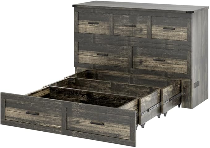 Bellemave Queen Murphy Bed, Cabinet Bed with Charging Station and 1 Large Storage Drawer, Farmhouse Murphy Cabinet with Foldable Panel, Noisy Free, for Guest Bedroom, Living Room, Rustic Gray