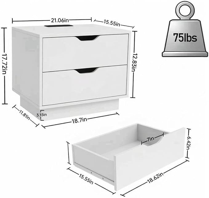 Modern Nightstand Set of 2 with Charging Station, Night Stand Wood Bedside Tables with 2 Storage Drawers, End Table for Bedroom, Office, Sofa, White - Image 2