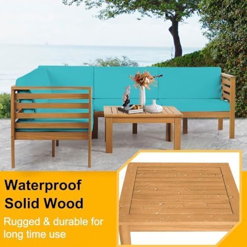 PayLessHere Patio Furniture 4 Pieces Outdoor Furniture L-Shaped Sectional Sofa Conversation Sets Patio Corner Set with Coffee Table Acacia Wood and Waterproof Cushion