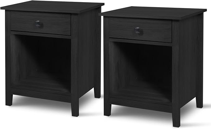LTMEUTY Wood Nightstand Set - Set of 2 Black Nightstands with Drawers for Bedroom Bedside Table, Tall Night Stand with One Drawer & Open Cabinet by LTMEUTYBedroomFurniture