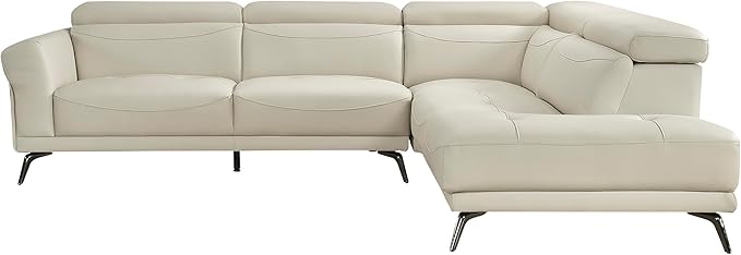 Lexicon L-Shaped Sectional Couch with Right Chaise, Top Grain Leather Match Sectional Sofa, Adjustable Headrests, Black Chrome Metal Legs, High-Density Cushions, Stitching, for Living Room, Beige