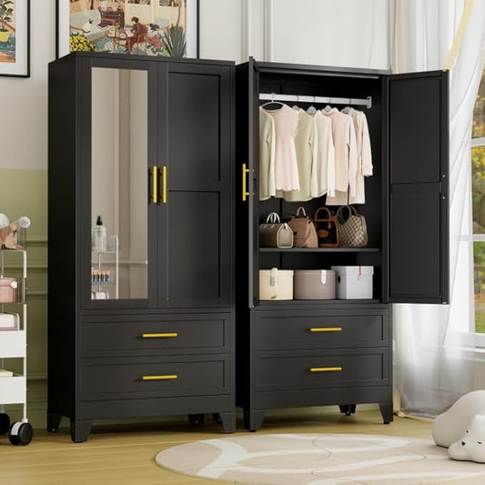Metal Armoire Wardrobe Closet Storage Cabinet with 2 Doors Black, 71'' Wardrobe with Hanging Rod Metal Closet with Adjustable Shelf and 2 Drawers, Freestanding Storage Cabinet for Bedroom