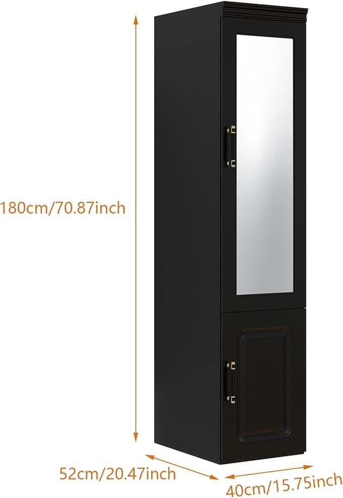 GraceGrove Armoire Wardrobe Closet Cabinet with with Mirror and Single Door, Wardrobe with Hanging Rod, Wood Closet Storage for Large Storage, Bedroom Armoires and Wardrobes Black