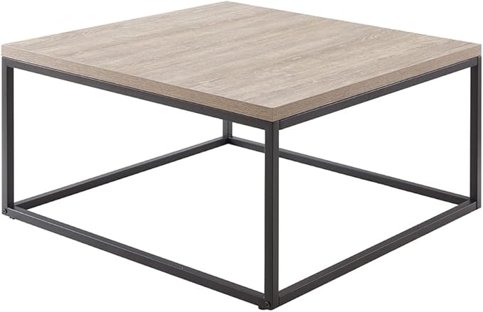 CENSI 30" Square Coffee Table, Grey Wash French Oak Wood Center Table for Living Room, Modern Industrial Metal Frame, Extra Thick 1.2" Top, Rustic Farmhouse Cocktail Table, Easy Assembly