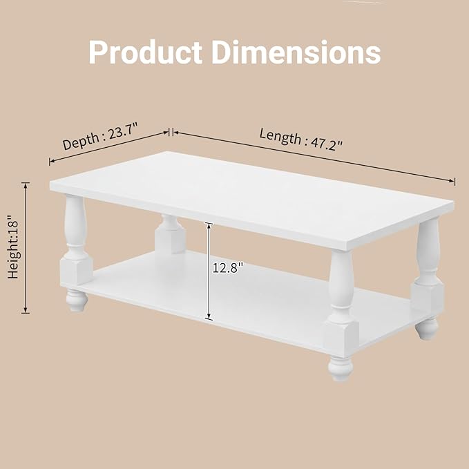 Homieasy Farmhouse Coffee Table with Storage, 47" Rectangular Living Room Center Table with Solid Wood Legs and Thickened Top, 2-Tier Wood Coffee Table with Turned Legs, Easy Assembly, White