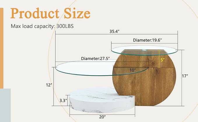 Modern Glass Coffee Table,Small Round Coffee Tables, 35" 3-Tier Circle Wood Coffee Table for Living Room Rustic Circle Center Cocktail Table with Tempered Glass, Unique Accent Table for Small Spaces