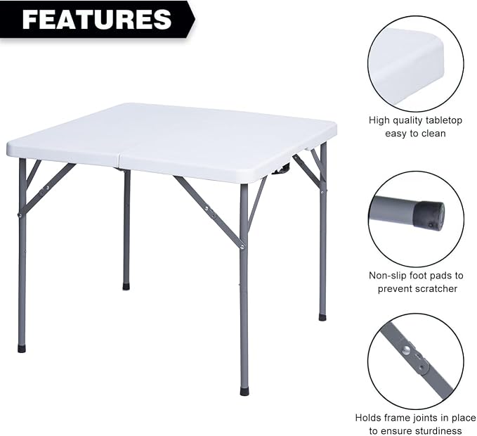 Lakhow 34" Square Folding Table, Fold-in-Half Utility Dining Portable Table Heavy Duty HDPE Plastic Foldable with Carrying Handle Indoor Outdoor for Picnic, Party - Image 5