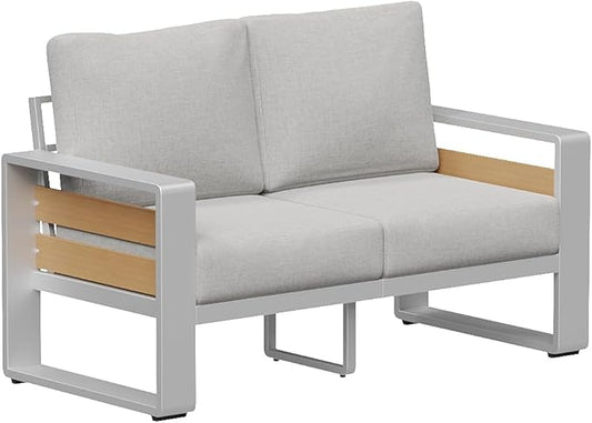 Aoxun Aluminum Outdoor Patio Furniture Set, 2 Seats Metal Sectional Patio Furniture, Modern Outside Sectional Set for Backyard, Love Seat Sofa ×1, Silver & Light Grey