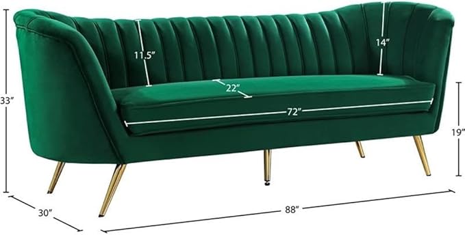 Meridian Furniture Margo Collection Modern | Contemporary Velvet Upholstered Sofa with Deep Channel Tufting and Rich Gold Stainless Steel Legs, Green, 88" W x 30" D x 33" H