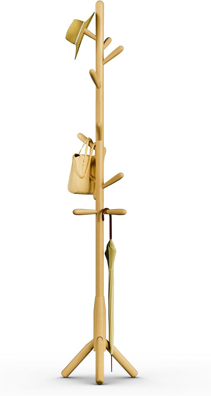Solid Wood Coat Rack, Freestanding Tree-Shaped Coat Rack with 11 Hooks, Main Pole 1.6" dia for Clothes, Hat Stand Used in Bedroom/Office/Entryway (3-Leg Base, Natural Beige) by Unknown