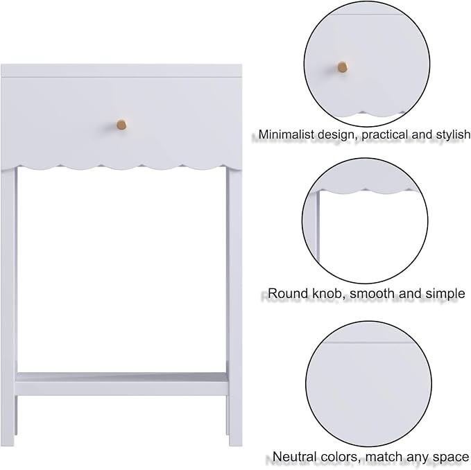 26“ Modern White Nightstand with Drawer and Open Shelf, Scalloped Edge Bedside Table for Bedroom, Cute Minimalist Side Table for Girls' Room (Light Purple) - Image 5