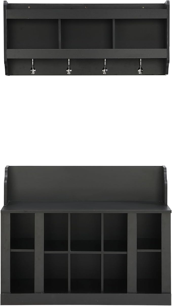Shoe Storage Bench with Shelves and 4 Hooks, Entryway Hall Tree with Shoe Cabinets with Coat Rack - Image 7