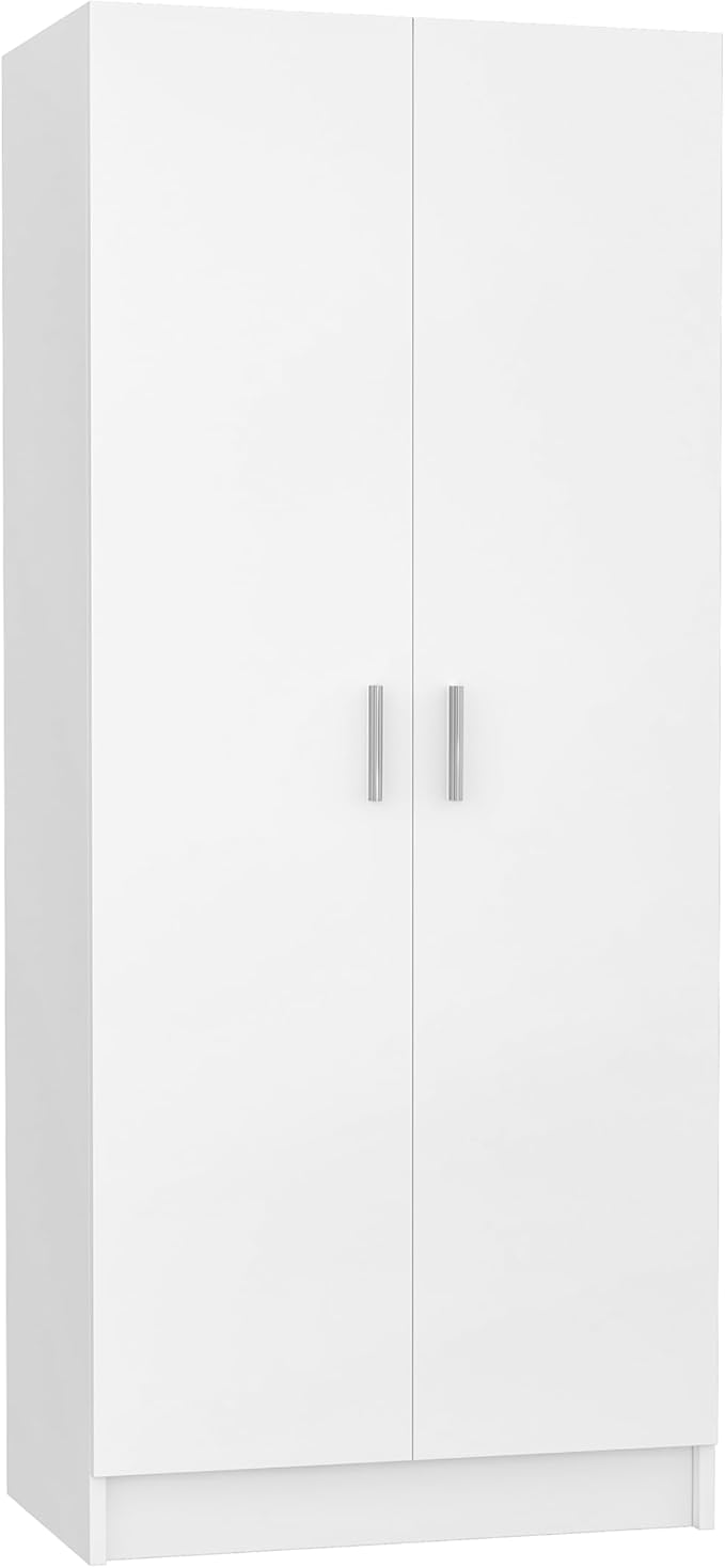 Panana 2 Door Wood Wardrobe Cabinet Closet with Hanging Rail and 2 Shelves, Bedroom Armoire for Storage (White)