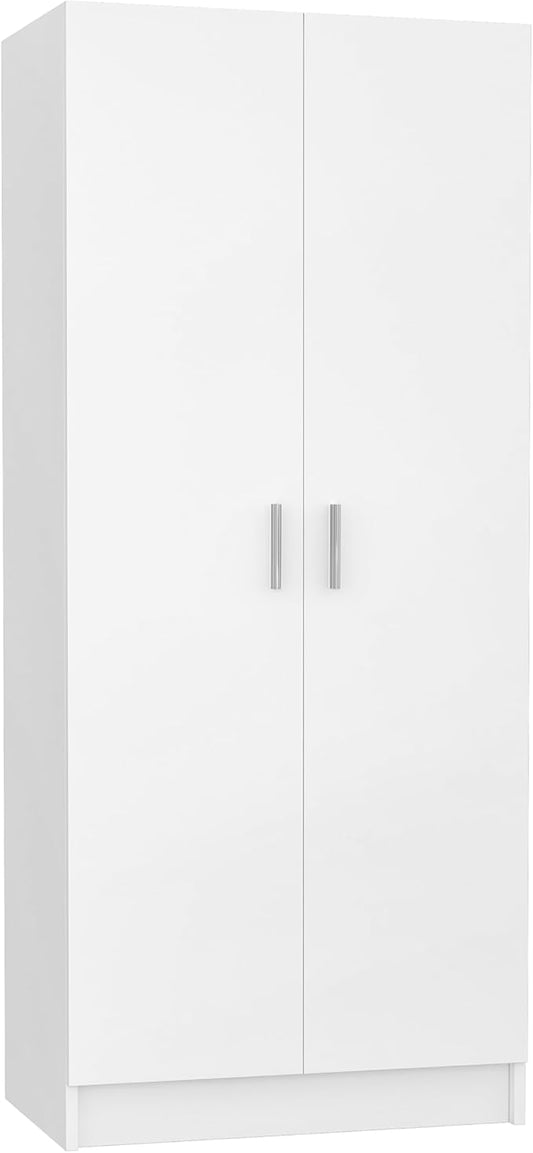 Panana 2 Door Wood Wardrobe Cabinet Closet with Hanging Rail and 2 Shelves, Bedroom Armoire for Storage (White)