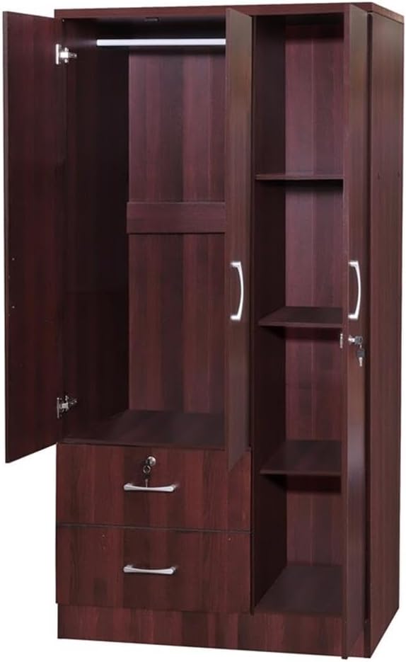 Pemberly Row Modern 2 Drawer Wooden Wardrobe Armoire Closet, Mahogany Finish, 72" H x 36" W x 20" D, Engineered Wood, Clothing Rod, Shelves, Soft-Close Doors, Bedroom Storage Solution