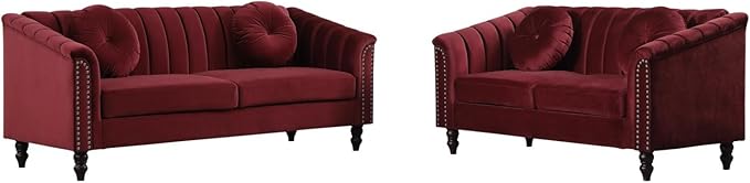 60" Loveseat Sofa, Microfiber Chesterfield Upholstered Sofas Love Seat, Couch Chair Sets with Style Button Tufted, Scroll Arms and Nailhead for Living Room, Office, Apartment-Red