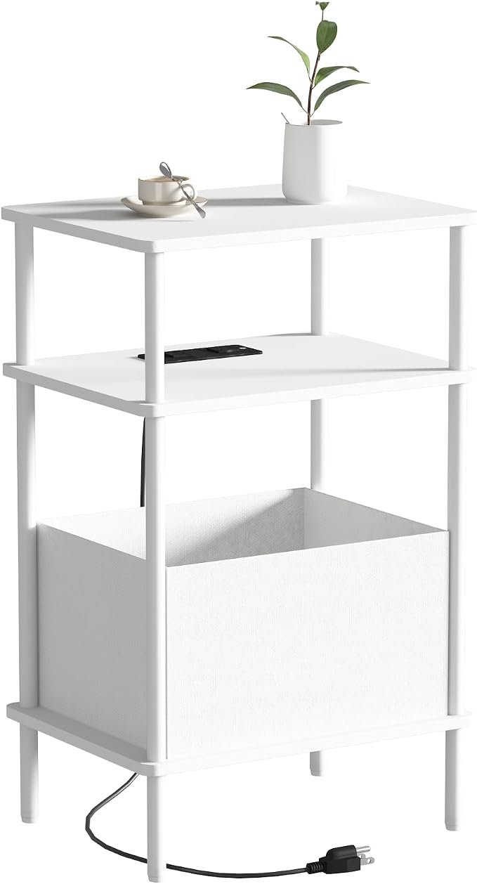 Small Side Table with Charging Station, End Table for Small Spaces, Slim Nightstand with Outlet,Sofa Beside Table, 3-Tier Storage Shelf,Living Room, Bed Room, Natrual White by Unknown