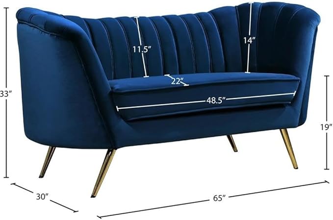 Meridian Furniture Margo Collection Modern | Contemporary Velvet Upholstered Loveseat with Deep Channel Tufting and Rich Gold Stainless Steel Legs, Navy, 65" W x 30" D x 33" H