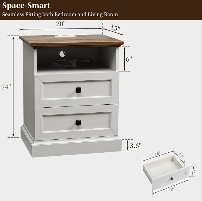 Night Stand with Charging Station, Bedside Table with 2 Drawers Storage and Open Shelf, 20" Wider Farmhouse White Nightstand with Outlets, Wood Modern End Table for Bedroom Office - Image 3