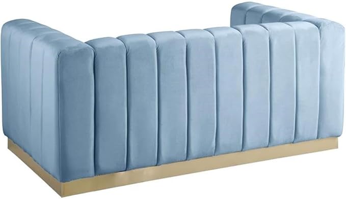 Meridian Furniture 603SkyBlu-L Marlon Collection Modern | Contemporary Velvet Upholstered Loveseat with Deep Channlel Tufting and Brushed Gold Finish, Sky Blue, 62.5" W x 34" D x 28" H