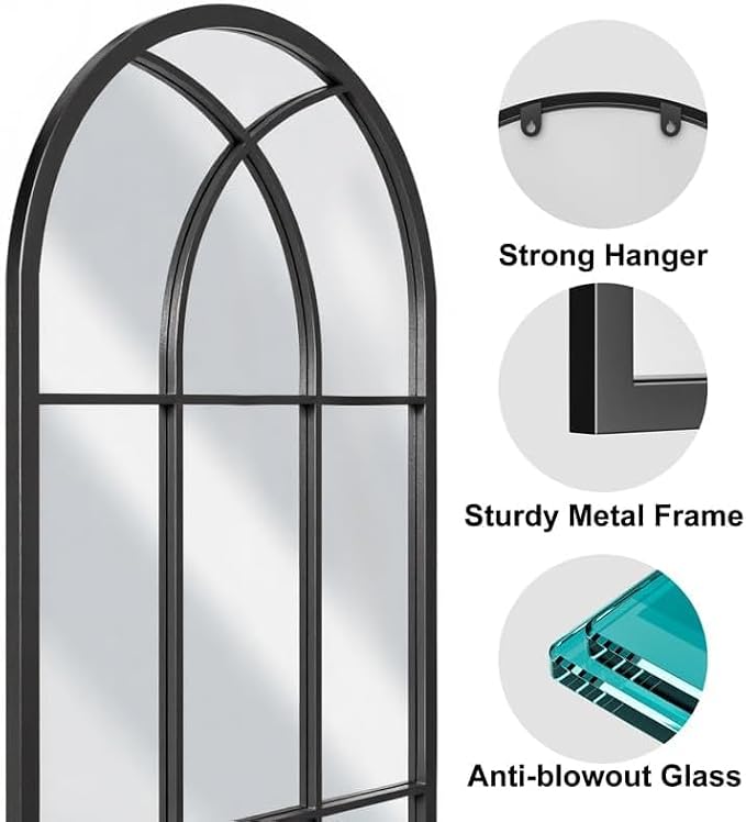 Rowjut Black Full Length & Floor Mirror 71" x 32" Window/Wall Decorative Mirrors, Iron Framed Window Pane Mirror, Arched Top Wall Mirror for Entryway Living Room, Bedroom, Fireplace (Black) - Image 4