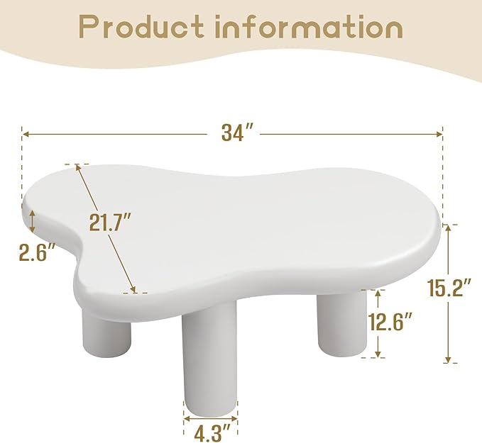 HollyHOME 34" Cloud Wood Coffee Table - 3-Leg Modern Accent Center Table for Living Room Bedroom Balcony Patio, Cream White