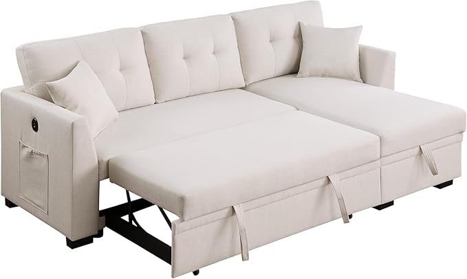 ERYE 81.5-inch Pull Out Sleeper Couch Bed, L-Shaped Reversible Sleeper Sectional Sofa Velvet Tufted Upholstered Corner Convertible Sofa Bed with Storage Chaise,USB Ports