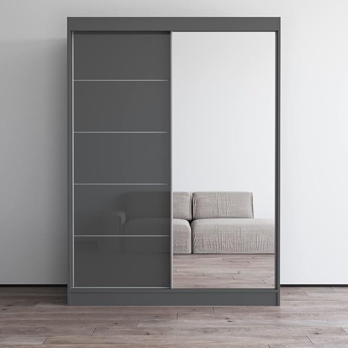 Meble Furniture Aria 2D Wardrobe with Mirror Doors — Spacious Storage with Shelves and Hanging Space — Modern Armoire Closet — Gray with Mirror, 80" H x 59" W x 26" D