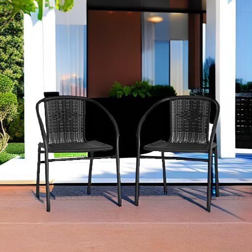 EMMA + OLIVER Set of 2 Modern Rattan Indoor/Outdoor Stack Chairs, Stacking Rattan Patio Chairs with Curved Back and Cross Bracing, Black - Image 6
