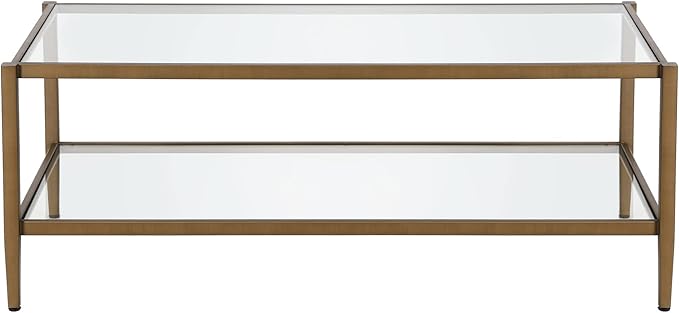 Henn&Hart 45" Wide Rectangular Coffee Table with Glass Shelf in Antique Brass, Coffee Table coffee tables for living room, studio apartment essentials