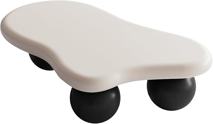 47.2” Cloud Coffee Table with 3 Ball Legs, Modern Irregular Center Table for Living Room, Low Cute Small MDF Tea Table for Bedroom, Space Apartment-White Black