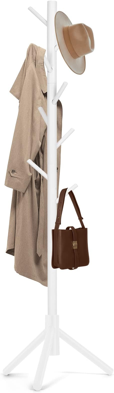Solid Wooden Coat Rack Freestanding, New Zealand Pine Coat Tree with 8 Hooks & 3 Adjustable Sizes for Coats, Hats, Handbags and Scarves, Space Saving for Entryway/Office/Bedroom (White) by Unknown
