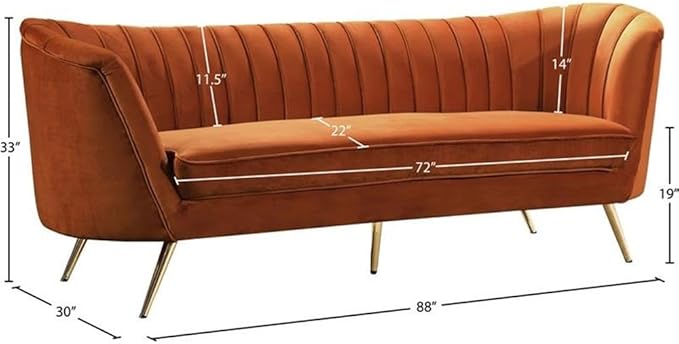 Meridian Furniture Margo Collection Modern | Contemporary Velvet Upholstered Sofa with Deep Channel Tufting and Rich Gold Stainless Steel Legs, Cognac, 88" W x 30" D x 33" H