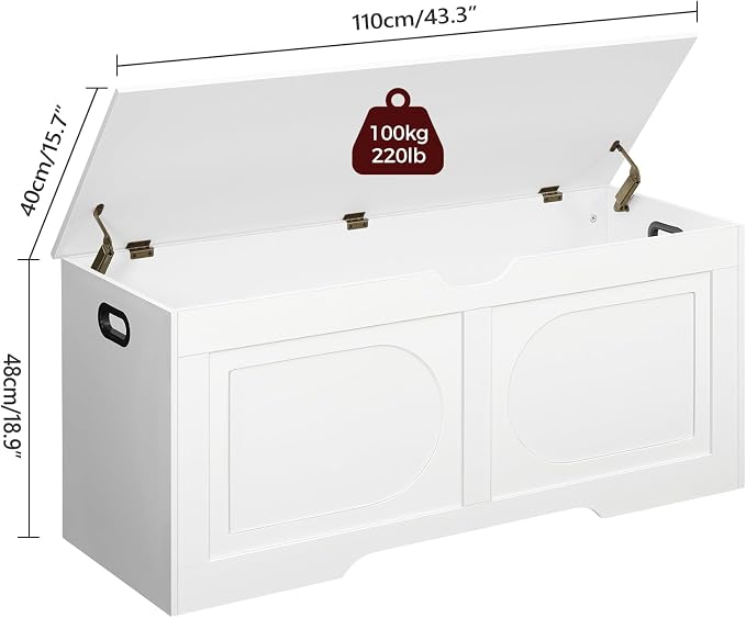 MAHANCRIS Storage Chest, 43.3” Toy Box, Entryway Storage Trunk, Shoe Bench with Storage, Engineered Wood Storage Cabinet with 2 Safety Hinges, Entrance Bench for Living Room, White SCWT2101 - Image 3