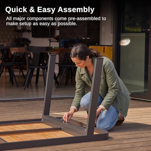 East Oak Signature 7 Pieces Outdoor Dining Set | Durable & Comfortable Patio Dining Table and Chairs for 6 with Teak, Aluminum, and Teslin Fabric in Dark Grey for Garden and Yard