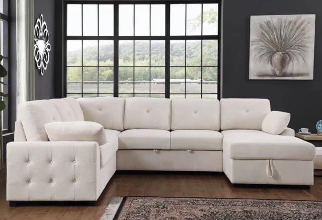 ERYE U-Shaped Pull Out Sleeper Couch Bed, Modern Chenille Upholstered Button Tufted Corner Couch Right Facing Sectional Sleeper Sofa Bed W/Storage Chaise and 2 Pillows