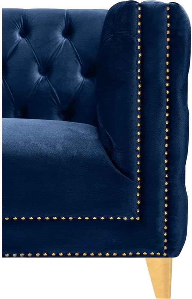 Meridian Furniture 652Navy-L Michelle Collection Modern | Contemporary Loveseat with Deep Button Tufting, Gold Nailhead Trim and Sturdy Gold Iron Legs, Navy Velvet, 66" W x 34" D x 30" H