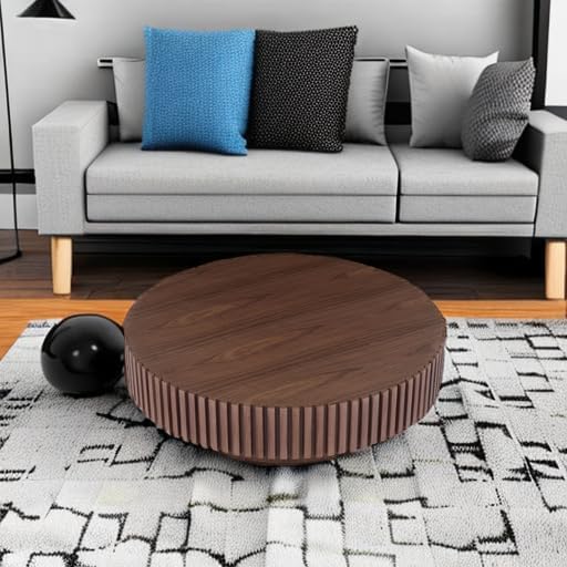 WILLIAMSPACE 31.49" Walnut Round Coffee Table, Modern Luxury Wood Circle Drum Center Table for Living Room, Accent Side End Tea Table for Apartment, ø31.49'' x 13.77''H (Walnut)