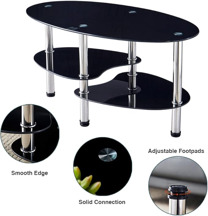 Oval-Shaped Glass Tea Table for Office, 3-Tier Modern Coffee Table, End Table for Living Room (Black)