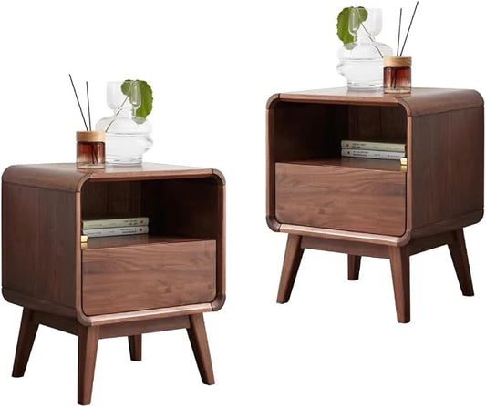 Solid Wood Nightstand Set of 2, Bedside Table Set of 2, Walnut Nightstands with Drawer, Wood Side Table with Open Storage, Modern Nightstand for Bedroom, End Table for Living Room by Wayshome