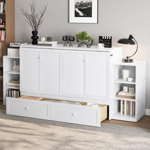 Bellemave Queen Size Murphy Bed, Cabinet Bed with 2 Shelves and Storage Drawers, Farmhouse Murphy Cabinet, Noisy Free, for Guest Bedroom, Living Room, Office, White