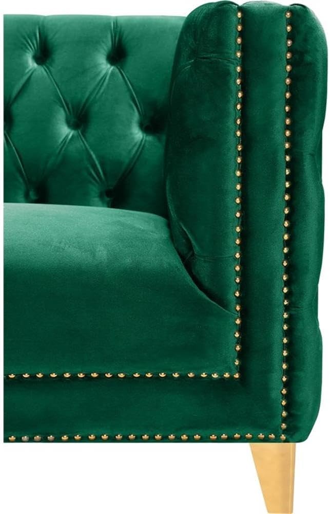 Meridian Furniture 652Green-L Michelle Collection Modern | Contemporary Loveseat with Deep Button Tufting, Gold Nailhead Trim and Sturdy Gold Iron Legs, Green Velvet, 66" W x 34" D x 30" H
