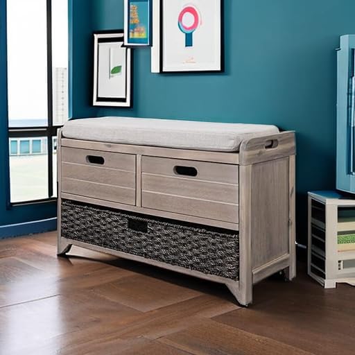 SOFTSEA Storage Bench for Entryway, Upholstered Storage Ottoman with Removable Basket and 2 Drawers, Farmhouse Shoe Bench with Seat Cushion for Entryway, Living Room, Full Assembled, White Wash - Image 4
