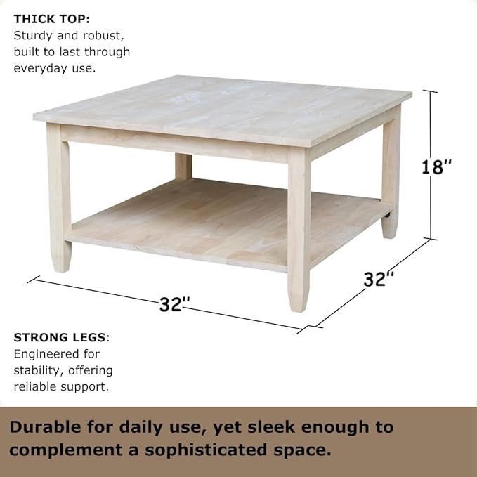 IC International Concepts, Solano Square Coffee Table, Solid Real Wood, Sturdy Parawood, Living Room/Family Room/Entryway, 32"W x 32"D x 18"H with Shelf, Paint/Stain Ready, Unfinished