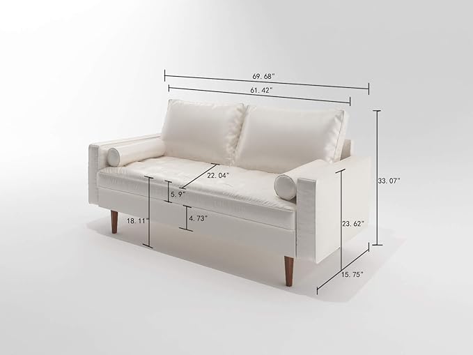 Womble Mid Century Modern Couch with Bolster Pillows, PU Leather Upholstered Tufted Seat, Versatile Retro Design for Comfortable Living Spaces, Loveseat, Sofa, White